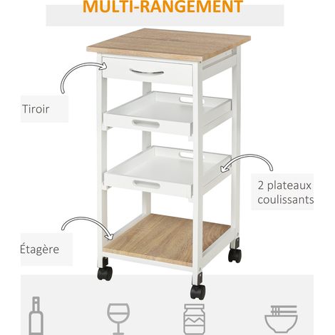 HOMCOM Chariot service cuisine 2 plateaux amovibles tiroir étagère chêne pin blanc (1/5)