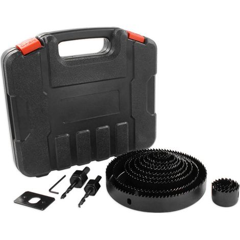 Kit de scie cloche comprenant 13 lames de scie, 2 forets, 1 plaque de fixation et 1 mini-clé, avec mallette de transport. Idéal pour le perçage de panneaux de liège, contreplaqué, plaques de plâtre et (1/5)