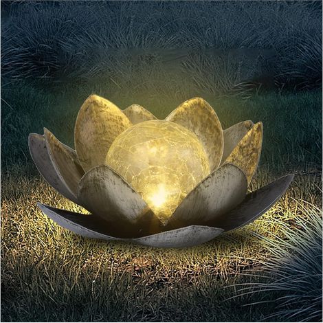 Lampes solaires pour Jardin extérieur Lotus, Décoration de Jardin pour extérieur Lotusblten avec Boule de Verre craquelé, Cadeaux de Jardin pour Les Femmes(Argent) (1/5)