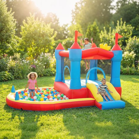 Château gonflable pour enfants avec toboggan, piscine/à balles, panier de basket et souffleur (1/5)