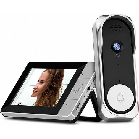 Sonnette vidéo sans fil avec écran intérieur de 4,3 pouces, interphone bidirectionnel, vision nocturne HD, aucun appariement requis (1/5)