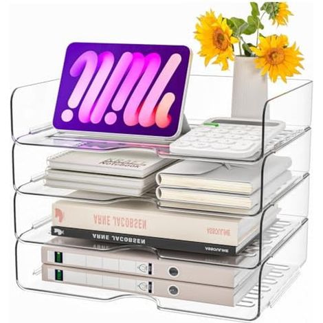 Lot de 4 bacs à courrier acrylique premium transparents empilables, rangement documents A4, pour bureau et travail domestique (1/4)