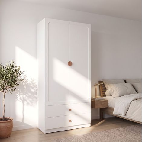 MODFU – Armario 90x45x200 cm de MDF/madera maciza con 2 puertas, 2 cajones, ropero y carga 30 kg – Blanco (1/5)
