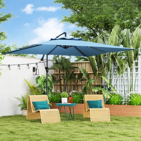 Parasol décentré avec pied et croix. Aérations et manivelle. En métal et polyester. 3 x 3,25 m. Bleu.