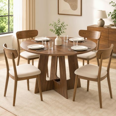 Table à manger ronde 4 places Ø110 x 73,5 cm, table de cuisine marron à piètement croisé (1/5)