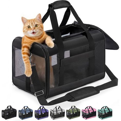 Cat Box, Airplane-Compatible, Soft-Sided Dog Transport Box with Inner Lead, Transport for Small to Medium Cats and Puppies up to 7 kg, Foldable Travel Bag, Black, M (1/5)