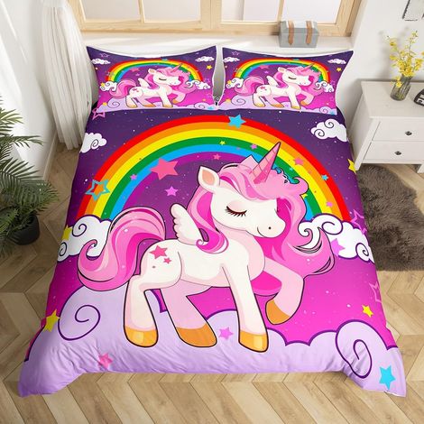 Housse de Couette 200x200 Enfant Fille Licorne, Parure de Lit Licorne Violet pour Princesse, Sets de Housses de Couettes Étoiles Arc-en-Ciel Kawaii, Couvre Lit Galaxie Nuages (1/5)