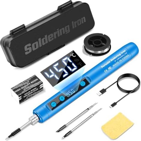 Kit de fer à souder sans fil avec support avec écran LCD, température réglable (180–450 °C) et 3 pannes, Idéal pour la réparation de circuits imprimés et les travaux de soudure - Bleu (1/5)