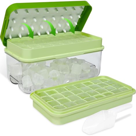 Plateaux à glaçons pour congélateur avec couvercle et poubelle, fabrication de 64 glaçons, facile à presser pour démouler la glace, 2 plateaux, 1 seau à glace et pelle (vert) (1/5)