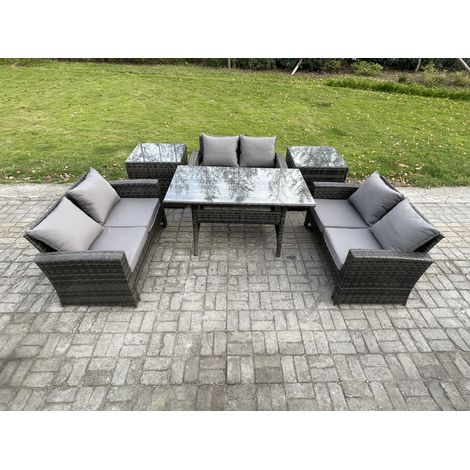 Fimous 6 Seater Wicker PE Rattan Garden Furniture Sets Outdoor Lounge Sofa Set with Oblong Dining Table Double Seat Sofa 2 Side Tables Dark Grey Mixed (1/5)