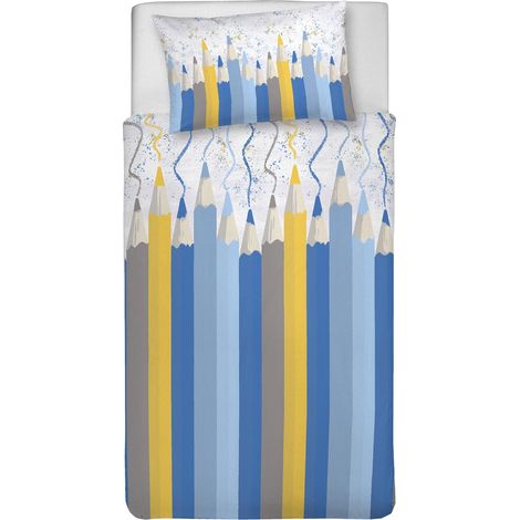 Parure de lit 1 Personne 100% Coton, avec Sac 155 x 200 cm et 1 taie d'oreiller 52 x 82 cm, fabriquée en Italie, Housse de Couette Lavable en Machine à 40 °, Motifs Crayons Bleus (1/2)