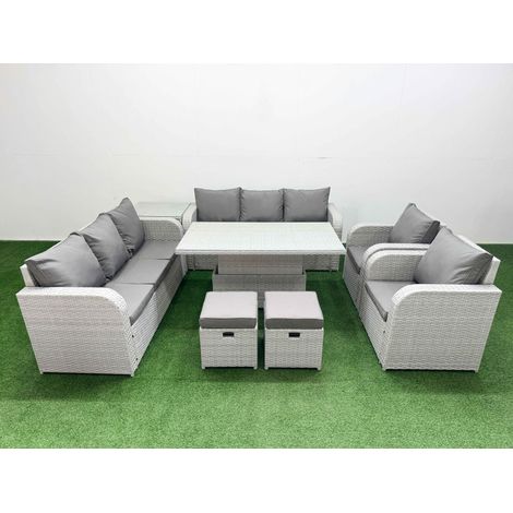 Fimous PE Rattan High Back Lounge Sofa Set Patio Adjustable Lifting Dining or Coffee Table & Chairs Set with 3 Seater Sofa Reclining Chair Stools Side Table Light Grey (1/5)