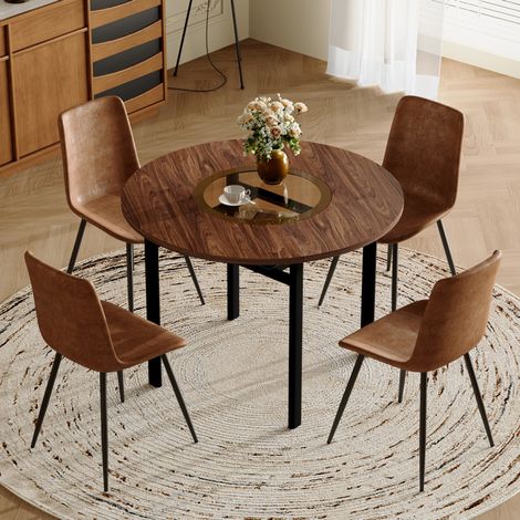 Set tavolo da pranzo rotondo 100 cm con 4 sedie in tessuto, legno marrone HAVRYA (1/5)