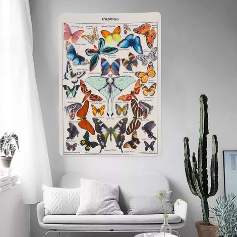 Tenture murale Bohème Papillons Mandala 130x150cm, décoration nature pour salon chambre dortoir, jeté de lit couvre-lit, tapisserie artisanale (C) (1/5)
