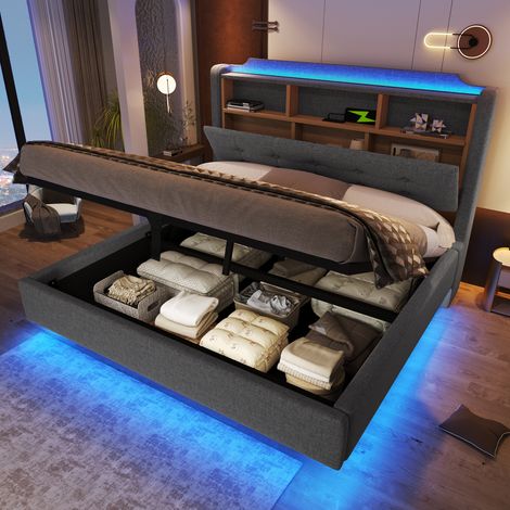 Cama con almacenaje 140x200 cm con LED multicolor, puertos USB y USB-C, cabecero con compartimento abatible y diseño flotante gris – CHICFURN para dormitorio (1/5)