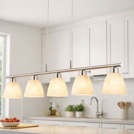 Esstischlampe Hängelampe Esstisch Hängeleuchte silber höhenverstellbar, 5 flammig, Metall nickel Glas weiß 5x E14 Fassungen HxLxB 120x93x13cm