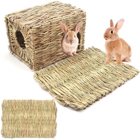 Rabbit Grass House, Handmade Natural Grass Folding Bed Hut, Edible Natural Grass Shelter, Toy House for Rabbit, Guinea Pigs, Chinchilla, Small Animals (1/5)