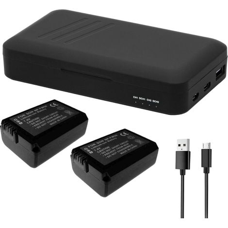 Trade-Shop 3in1 Set: 2x Akku 1300mAh + Dual-Ladegerät USB-C USB-A Powerbank für Sony Alpha NEX-3 NEX-3N NEX-5 NEX-3A NEX-3D NEX-3DW NEX-3K NEX-3KS (1/5)