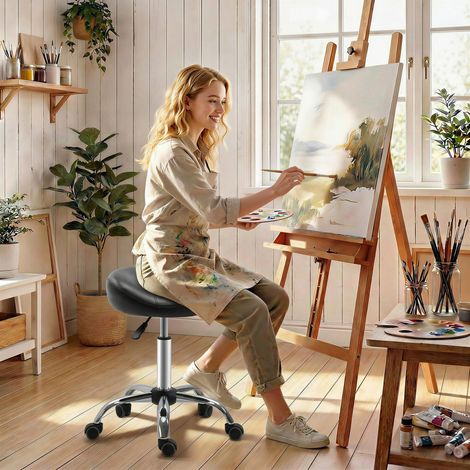 Tabouret de salon avec assise en selle, hauteur réglable, similicuir, 48 x 48 x 54-69 cm, noir (1/5)