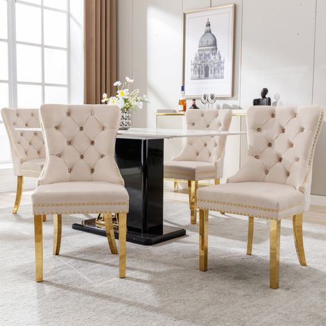 Chaises velours beige/doré – Lot 4 – Heurtoir original – Rembourrées – Cloutées – Pieds inox plaqué or – Salon/Cuisine (1/5)