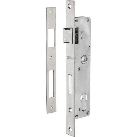 1 boîtier de serrure encastrable, axe 24 mm, bouts carrés, coffre acier zingué, têtière inox, demi-tour réversible