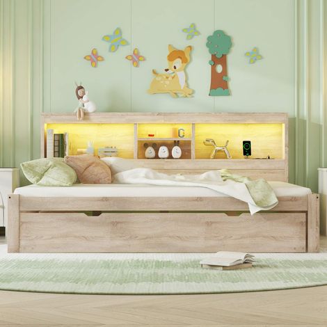 Lit banquette 140x200 cm avec lit gigogne 90x190 cm, LED, prises USB et rangement, bois, naturel, sans matelas (1/5)