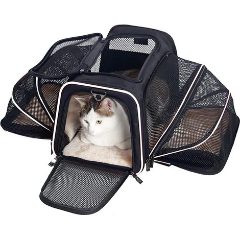 Sac de transport pour animaux de compagnie noir à bordures blanches, bandoulière respirant, double extension, grande capacité, portable pour déplacements (1/5)