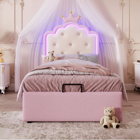 Lit enfant capitonné en PU rose 90x200 cm avec sommier à lattes, rangement hydraulique et éclairage LED (1/5)