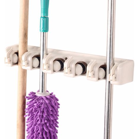 Rechteckiges Wandregal für Werkzeuge und Reinigungsmittel, ideal für Waschküchen, mit 6 Haken und 5 Ablagen. Beige. (1/5)