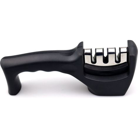 Three-part knife sharpener - Suitable for kitchen knives - Professional effect / Ergonomic design - Ceramic stone / Tungsten carbide / Diamond - Black / Chrome finish. Visi