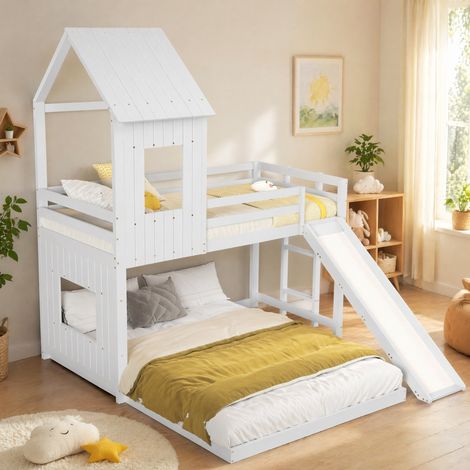 Letto a castello per bambini 90x200+140x200 cm, con scivolo e protezione anticaduta, in pino e MDF, bianco, senza materasso (1/5)