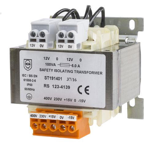 Rs Pro – Transformateur pour tableau électrique 12V c.a. – Tension entrée 230V/400V ac – Puissance 100VA – Montage rail DIN