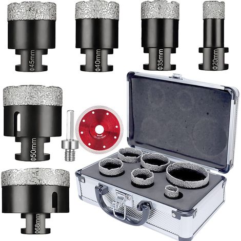 Foret Diamanté Scie Cloche Diamantée Kit Couronne Forage 8 PCS Avec Carton, 20/35/40/45/50/68mm Et 1 Lame 1 Accessoire Foret à Carrelage Pour Meuleuse D'Angle M14 Set (1/5)