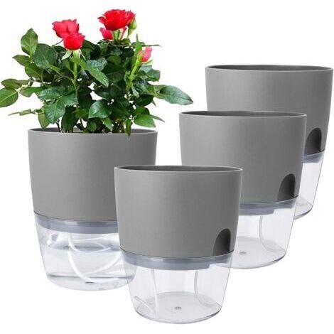 FENOPLASTICAPots de fleurs auto-drainants pour jardiniers paresseux - adaptés à une utilisation intérieure et extérieure - lot de 4, gris, 10,5 cm de diamètre (1/4)