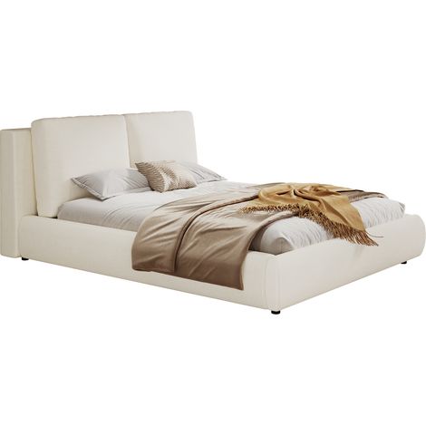 CHICFURN Cama doble 180x200 cm de bouclé beige, almacenaje hidráulico, cabecero, sin colchón (1/5)