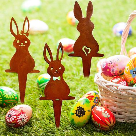 3-teiliger rostiger Osterhase, Metall-Osterhase für den Garten, Osterfiguren und -statuen für die Außendekoration, Metall-Gartendekoration, natürliche Rostpatina