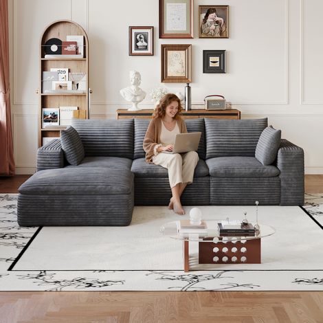 Canapé - Cloud Sans montage - 260 cm - Coussins inclus - Velours côtelé - Gris foncé (1/5)