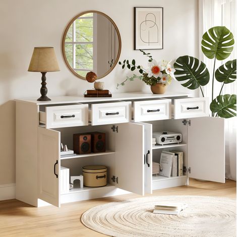 Aparador de 160x35x80 cm con 4 cajones y 4 puertas, MDF blanco, estilo moderno (1/5)