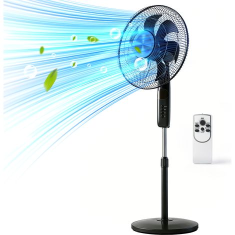 Ventilateur sur pied 60w, 7 pales de 40 cm de diamètre avec télécommande, pour chambre, salon, bureau, 6 vitesses, minuterie, hauteur réglable, tête inclinable, timer 9h, noir (1/5)