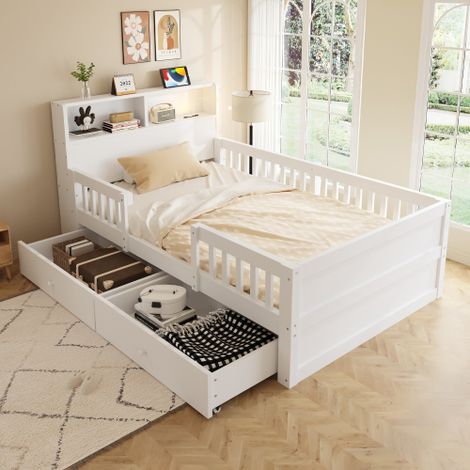 Letto in legno 90 x 190 cm, presa combinata USB e Tape-C, piccola luce LED, testiera con funzione contenitore, letto per bambini, letto singolo, letto multifunzionale, legno di pino, bianco (1/5)