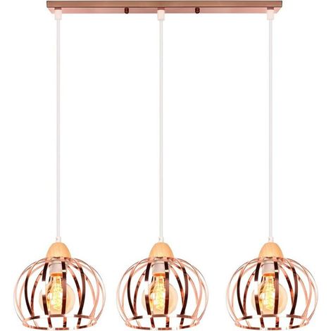 Lustre Suspension Vintage - iDEGU - Modèle en Bois et Métal - Couleur Or Rose - 3 Ampoules - Style Industriel