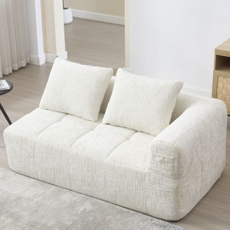 Bequemes Sofa für 2 Personen, kein Zusammenbau erforderlich, flauschiges Sofa mit einem Kissen, Seitentaschen für Fernbedienung und Handy, ordentlich und stilvoll, Beige