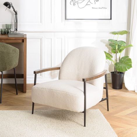 GASTON - Fauteuil tissu bouclette blanc structure métallique (1/5)