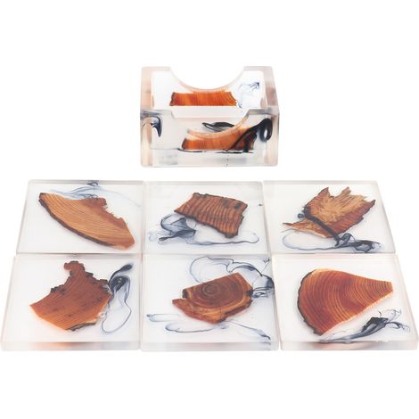 Ensemble de 6 dessous de verre en bois de pin avec isolation thermique et résine pour protéger la table (dessous de verre carré) (1/5)
