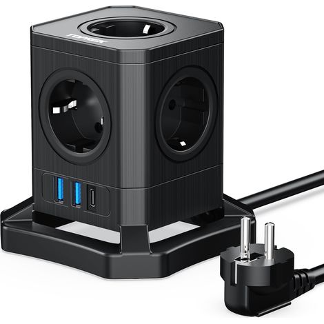 Multiprise Cube USB, Prise Multiple 5 Prises avec USB-A et USB-C (20 W PD3.0) 4000W Cube Rallonge Multiprise avec Interrupteur pour Bureau, Maison, Voyage, câble 2 m Noir