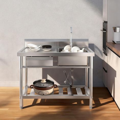 Freistehende Edelstahl-Spüle mit Schublade, 1 Becken Gewerbliche Spülbecken mit Wasserhahn Kalt- & Warmwasseranschluss für Küche, Gastronomie & Haushalt, 100x60x80cm (Rechte Spüle) (1/5)