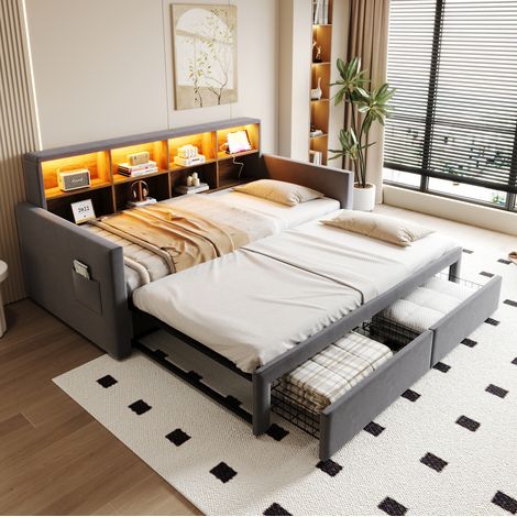 Canapé-lit extensible 90x190 cm gris foncé en velours avec rangements et éclairage LED (1/5)