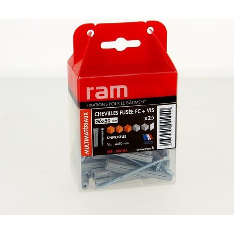 Boîte de 25 chevilles fusée nylon FC6 Ø 6x50 + vis 4x60mm pour matériaux pleins RAM (1/3)