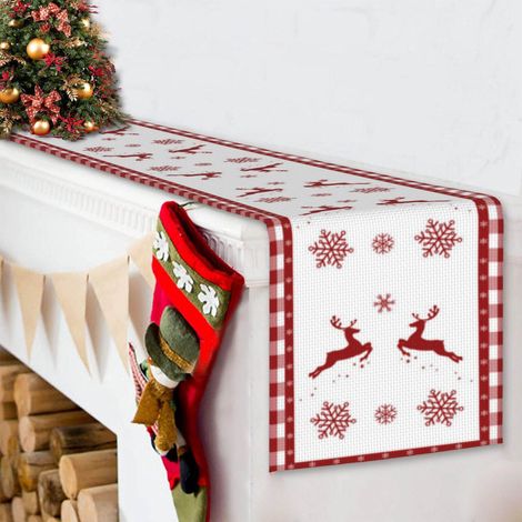 Chemin de table de Noël, 35,5 x 180 cm, en lin rouge, pour décorations de Noël (cerf et flocon de neige) (1/5)