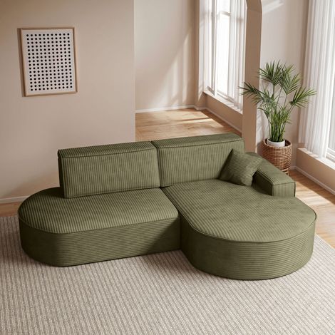 Canapé d'angle droit convertible 4 places MARLO en velours cotelé - Vert kaki (1/5)
